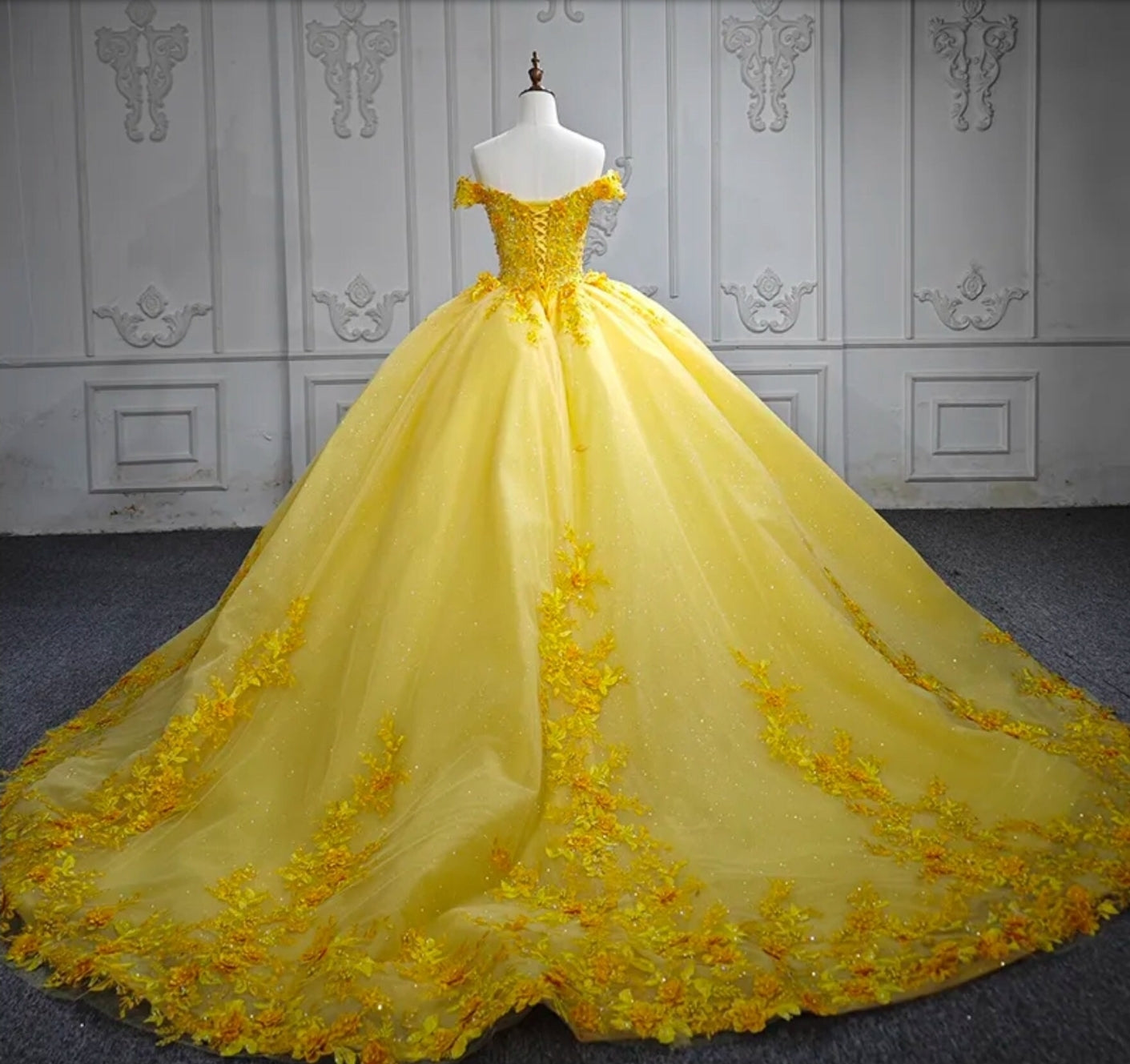 Floral Sunshine Yellow Off The Shoulder Multi Beaded Shimmering Quinceañera Special Occasion Pageant Party Event Gown