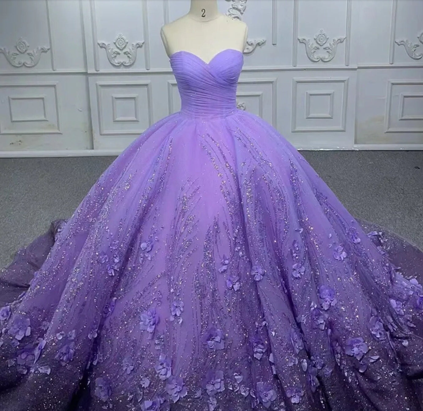 Shimmering Strapless Sweetheart Purple Pleated Bodice And Floral Sequin Quinceañera Special Occasion Pageant Party Event Gala Gown