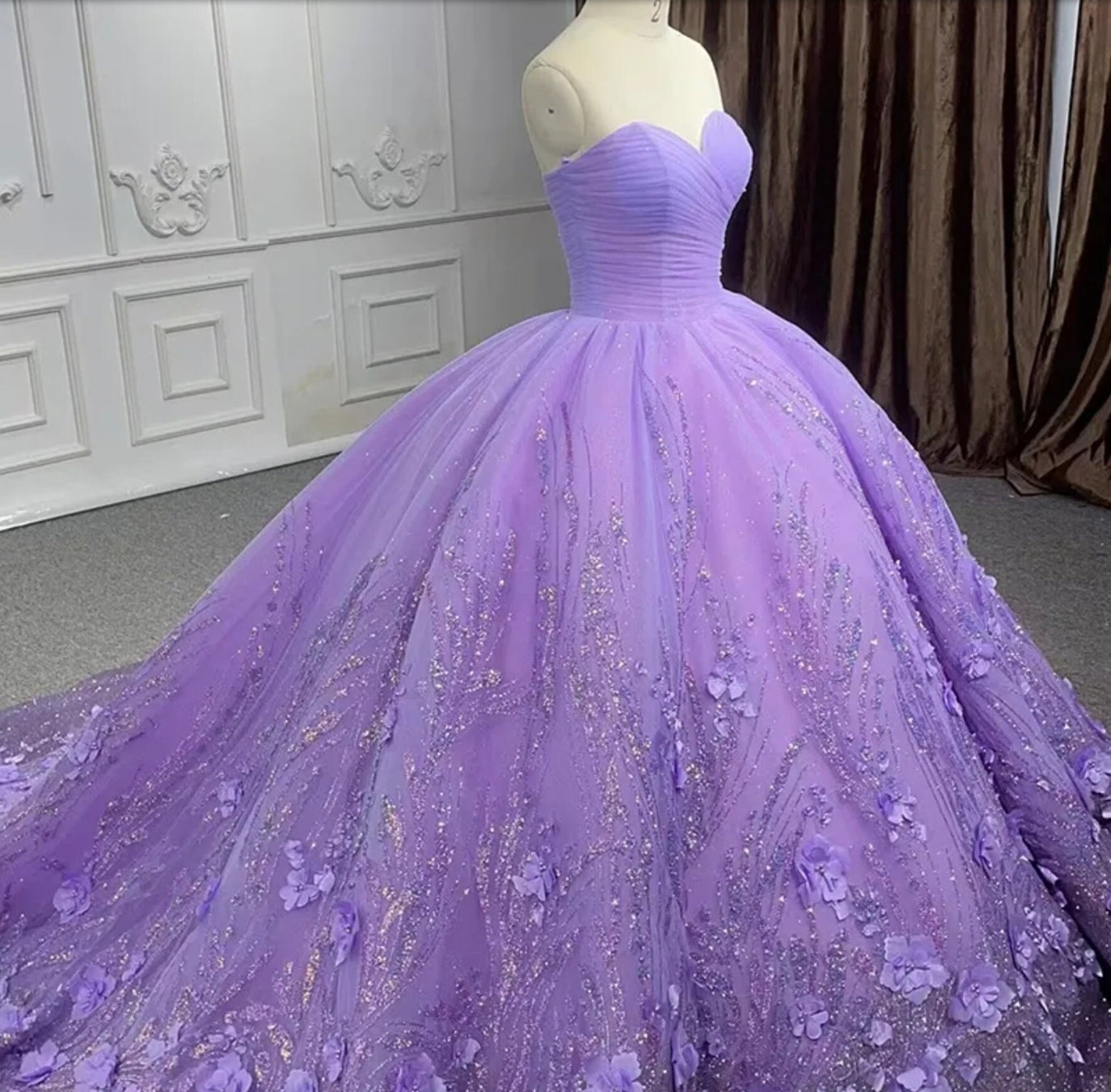 Shimmering Strapless Sweetheart Purple Pleated Bodice And Floral Sequin Quinceañera Special Occasion Pageant Party Event Gala Gown