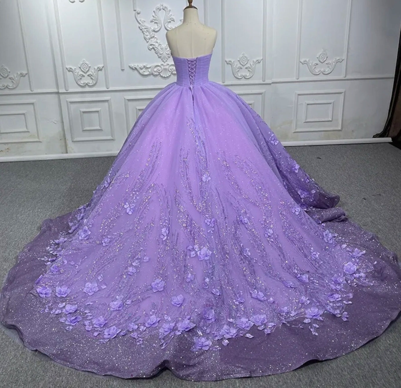 Shimmering Strapless Sweetheart Purple Pleated Bodice And Floral Sequin Quinceañera Special Occasion Pageant Party Event Gala Gown