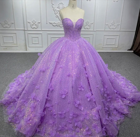 Strapless Purple Sparkling Shimmering Beaded 3D Scattered Floral Appliqué Quinceañera Special Occasion Pageant Party Event Gala Gown