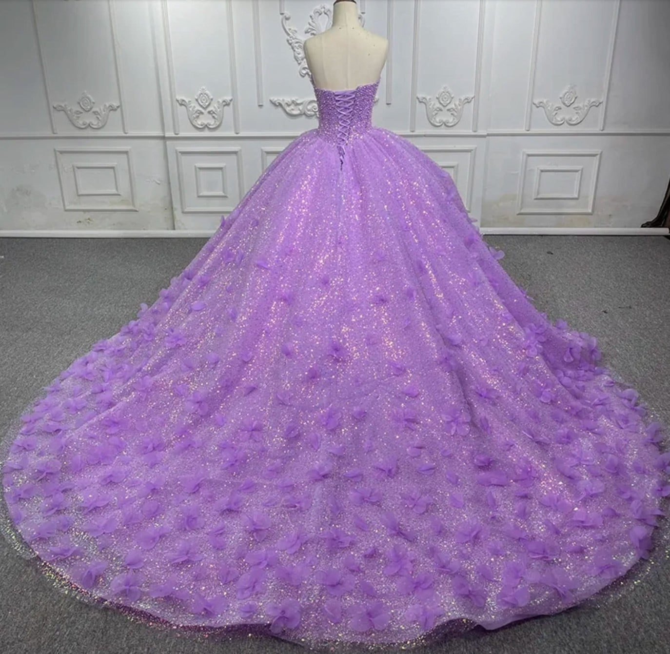 Strapless Purple Sparkling Shimmering Beaded 3D Scattered Floral Appliqué Quinceañera Special Occasion Pageant Party Event Gala Gown