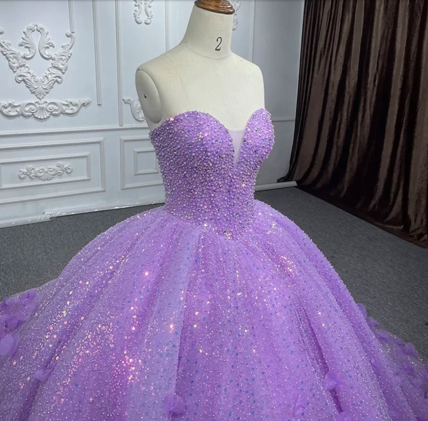 Strapless Purple Sparkling Shimmering Beaded 3D Scattered Floral Appliqué Quinceañera Special Occasion Pageant Party Event Gala Gown