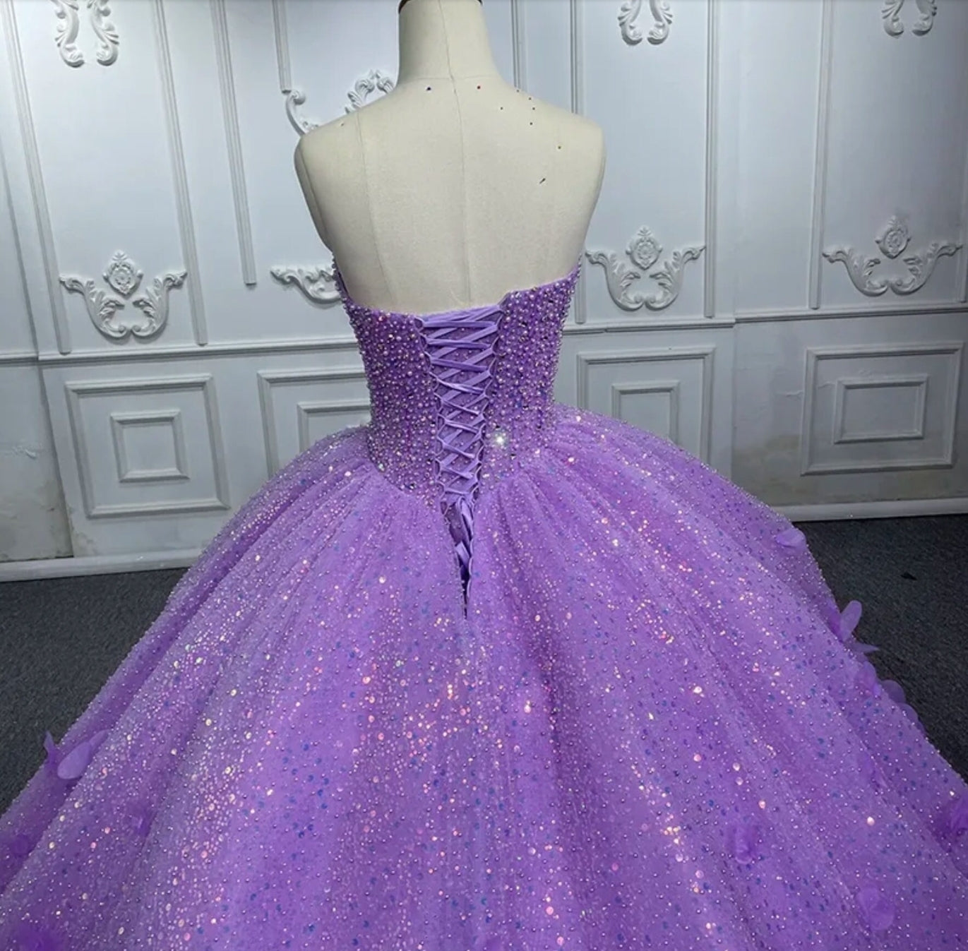 Strapless Purple Sparkling Shimmering Beaded 3D Scattered Floral Appliqué Quinceañera Special Occasion Pageant Party Event Gala Gown