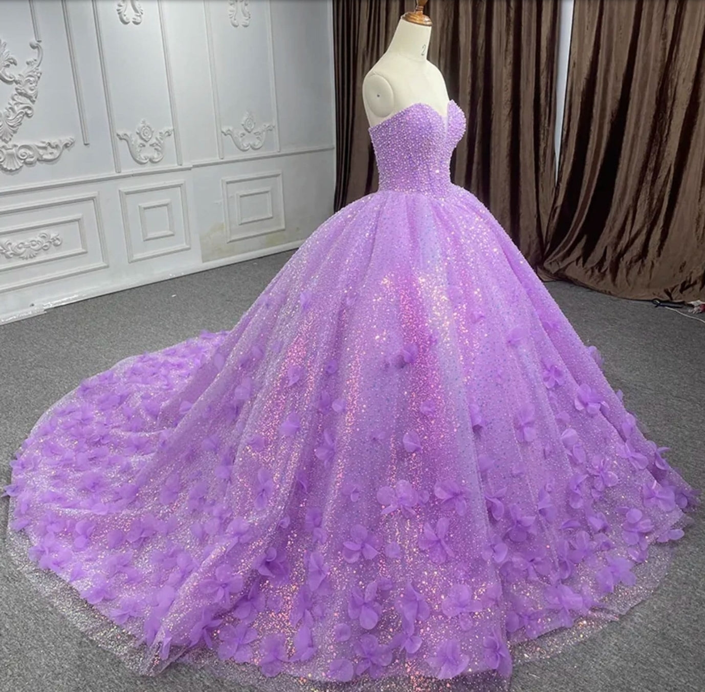 Strapless Purple Sparkling Shimmering Beaded 3D Scattered Floral Appliqué Quinceañera Special Occasion Pageant Party Event Gala Gown