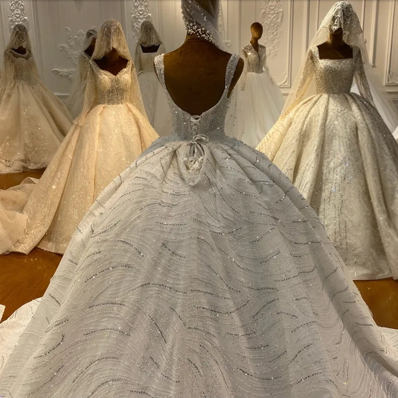 Gorgeous Sleeveless V Neck Multi Beaded And Hand Beaded Sequin Lace Princess Wedding Ball Gown