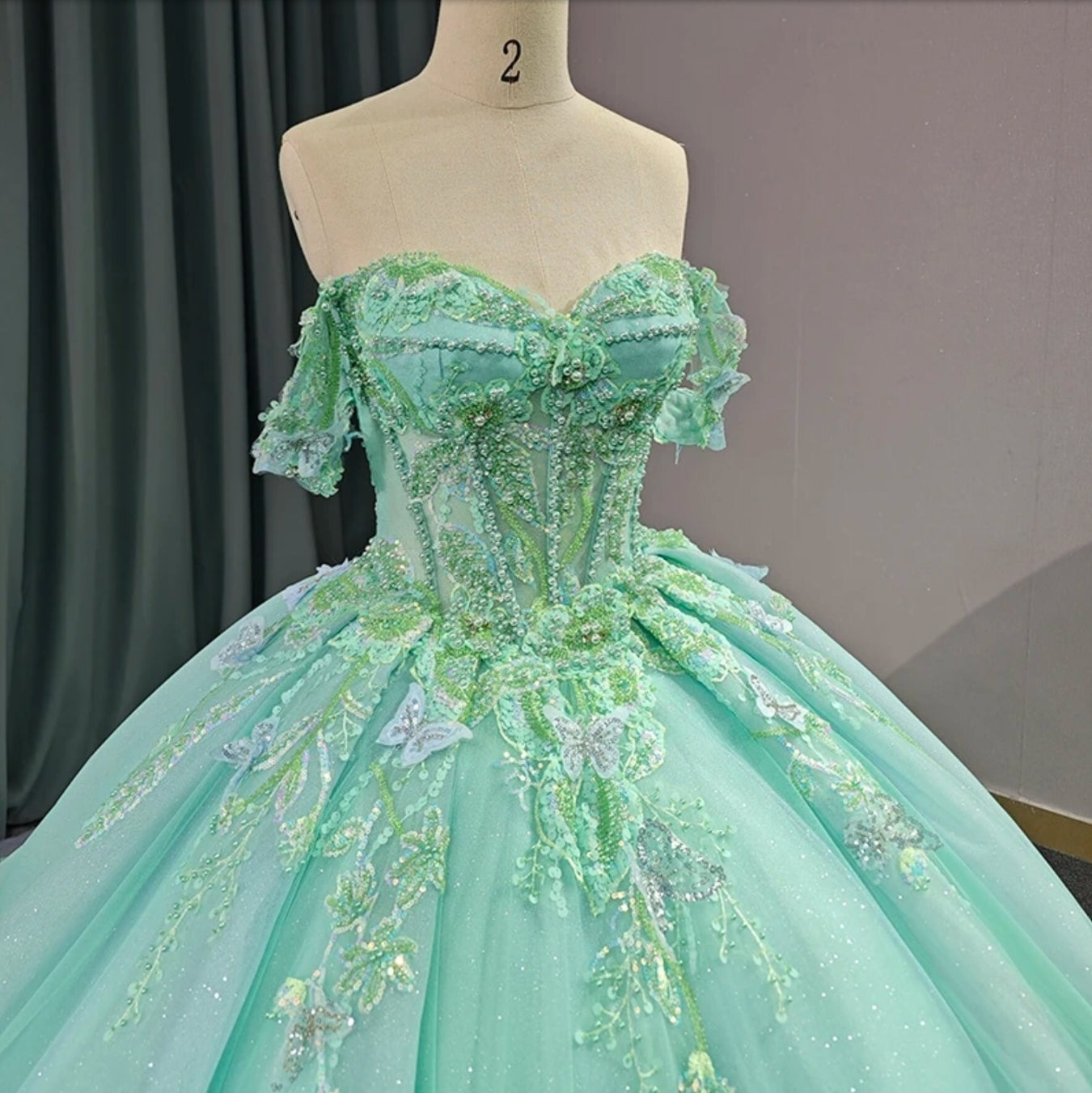 Shimmering Mint Green Off The Shoulder Sweetheart Multi Beaded Flowers & Butterflies Quinceañera, Bat Mitzvah, Special Occasion Event Gown