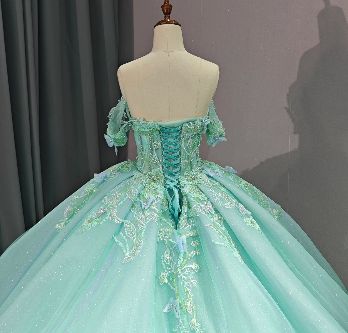 Shimmering Mint Green Off The Shoulder Sweetheart Multi Beaded Flowers & Butterflies Quinceañera, Bat Mitzvah, Special Occasion Event Gown