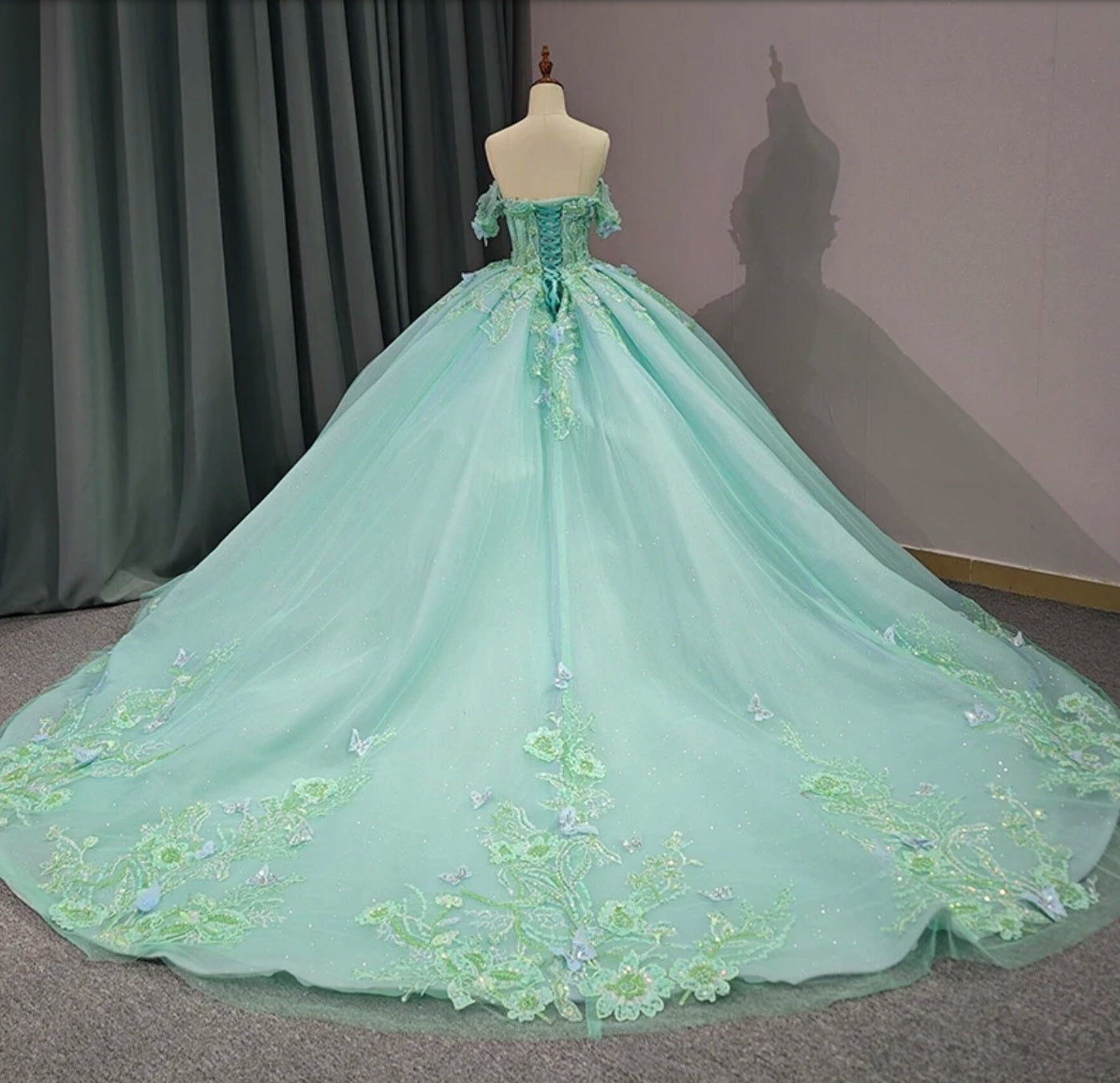 Shimmering Mint Green Off The Shoulder Sweetheart Multi Beaded Flowers & Butterflies Quinceañera, Bat Mitzvah, Special Occasion Event Gown