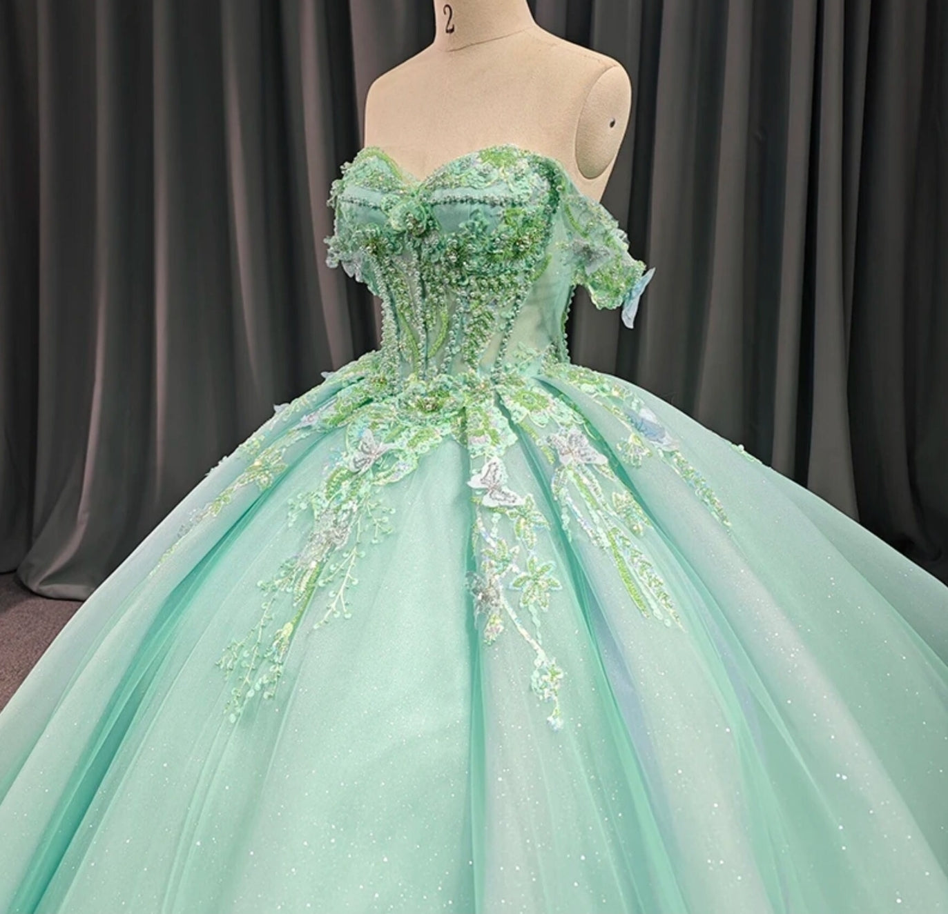 Shimmering Mint Green Off The Shoulder Sweetheart Multi Beaded Flowers & Butterflies Quinceañera, Bat Mitzvah, Special Occasion Event Gown