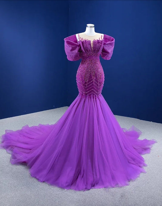 Purple Illusion Off The Shoulder Irregular V Neck Pleated Multi Beaded Mermaid Fit To Flare Special Occasion Dress