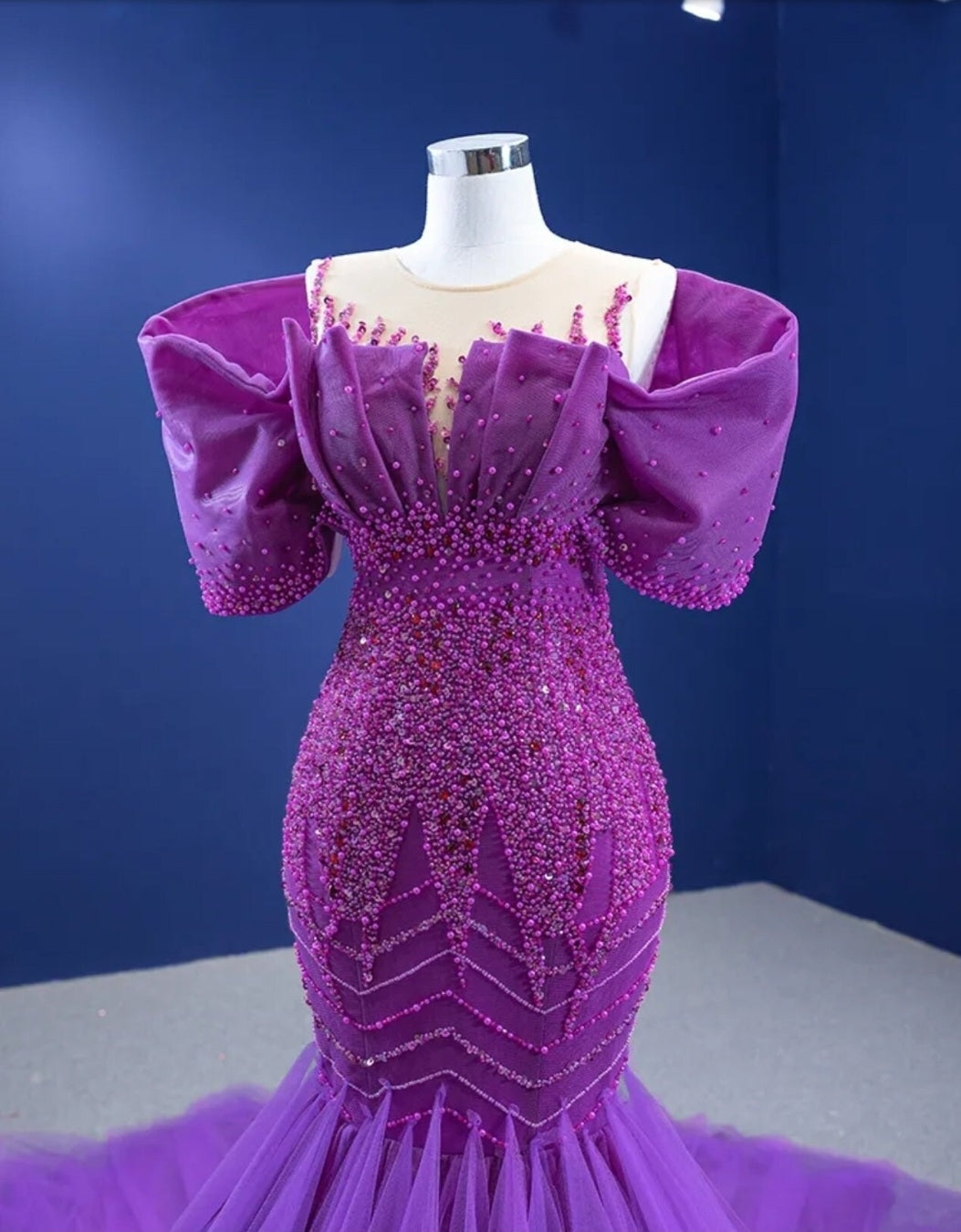 Purple Illusion Off The Shoulder Irregular V Neck Pleated Multi Beaded Mermaid Fit To Flare Special Occasion Dress