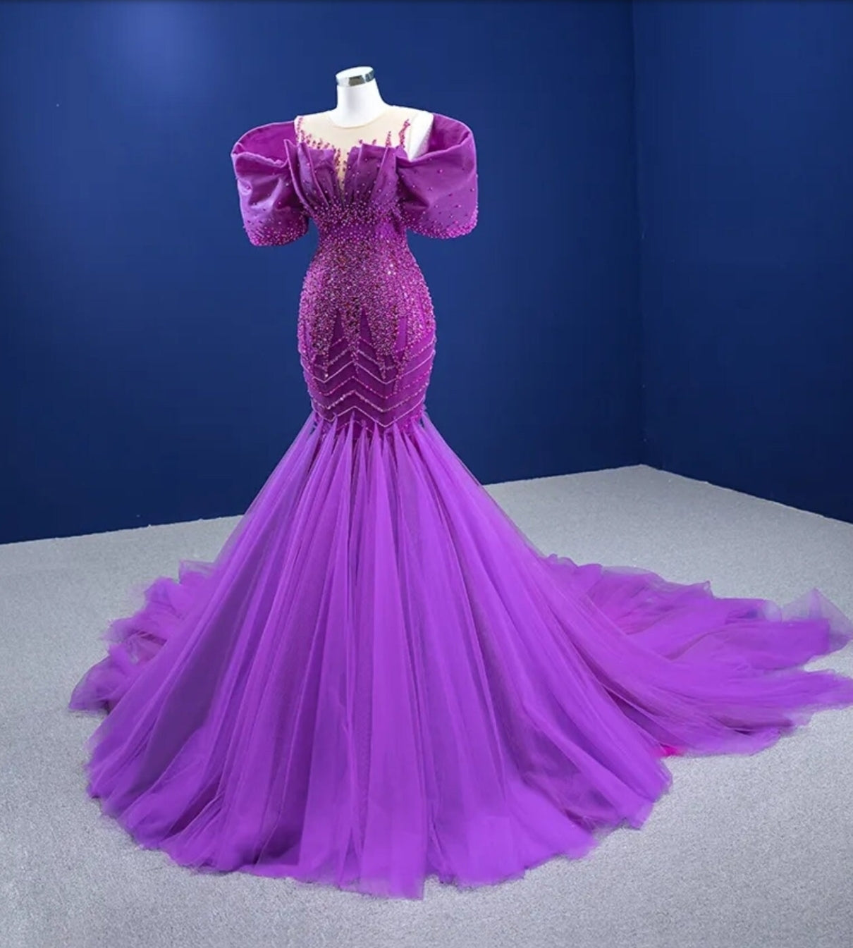 Purple Illusion Off The Shoulder Irregular V Neck Pleated Multi Beaded Mermaid Fit To Flare Special Occasion Dress