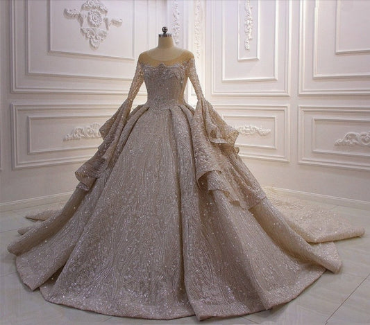 Victorian Era Dramatic Long Sleeve Crystal Beaded Wedding Gown
