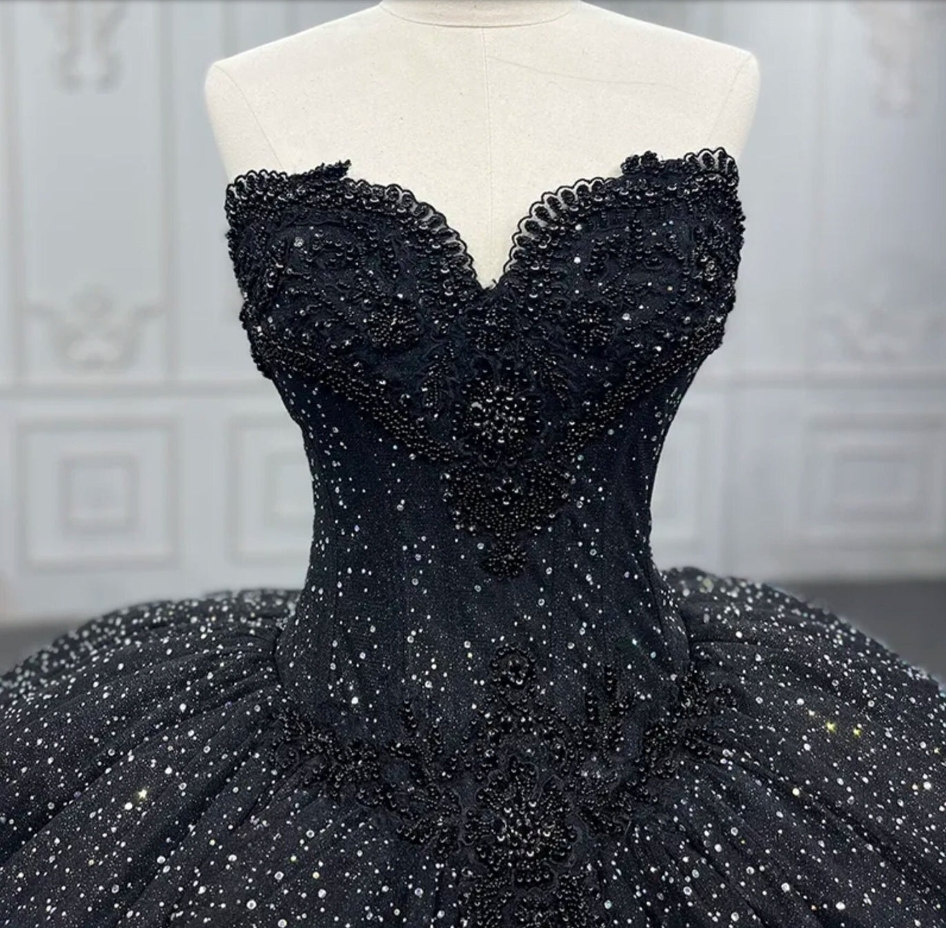 Black Lace Sleeveless Sweetheart Sparkling Shimmer Princess Quinceañera Sweet Sixteen Special Occasion Party Pageant Ball Gown