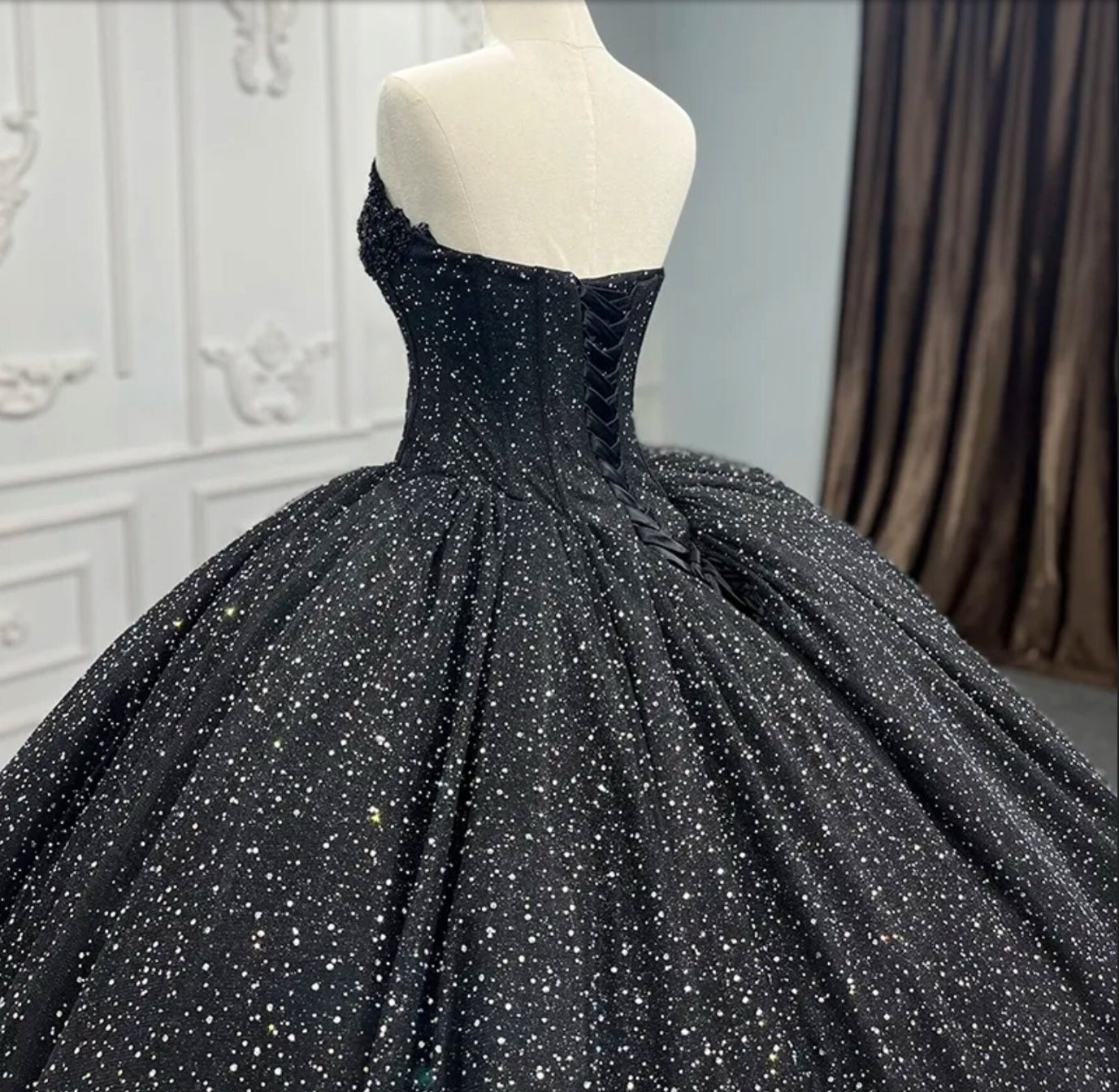 Black Lace Sleeveless Sweetheart Sparkling Shimmer Princess Quinceañera Sweet Sixteen Special Occasion Party Pageant Ball Gown