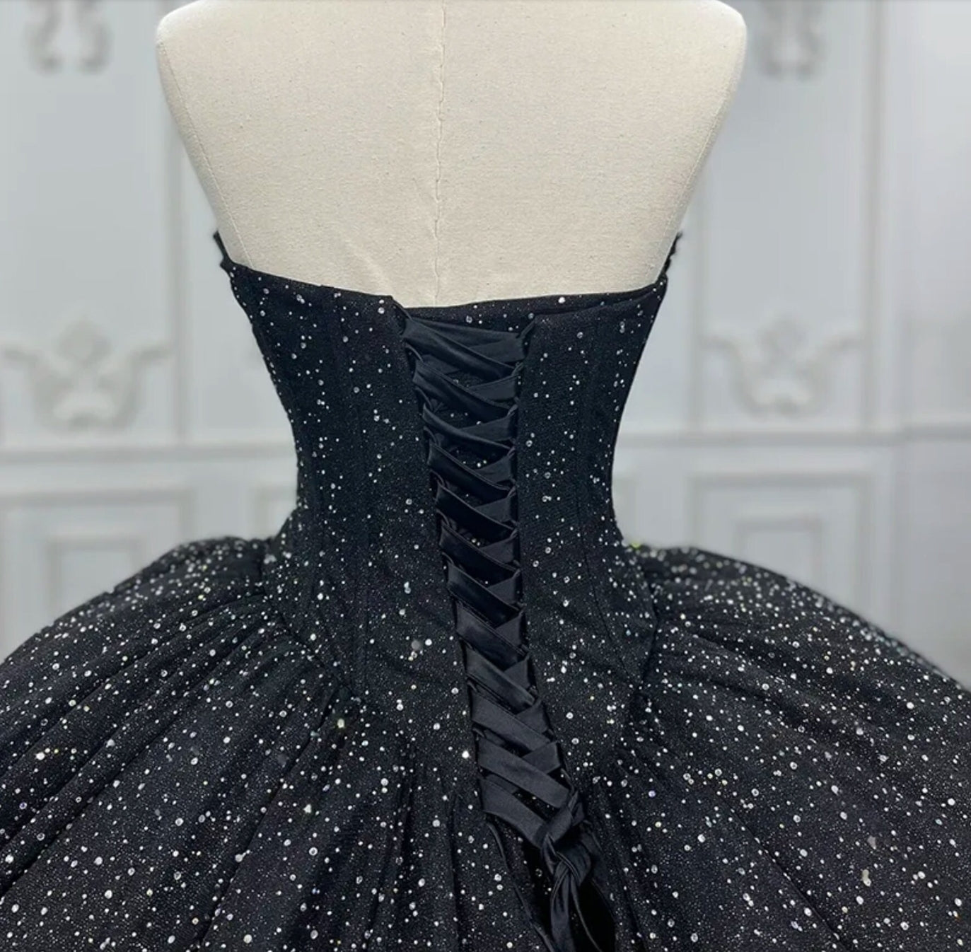 Black Lace Sleeveless Sweetheart Sparkling Shimmer Princess Quinceañera Sweet Sixteen Special Occasion Party Pageant Ball Gown