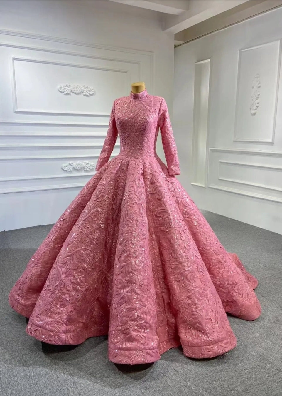 Long Sleeve High Neck Floral Lace Sequinned Gala Quinceañera Special Occasion Ball Gown