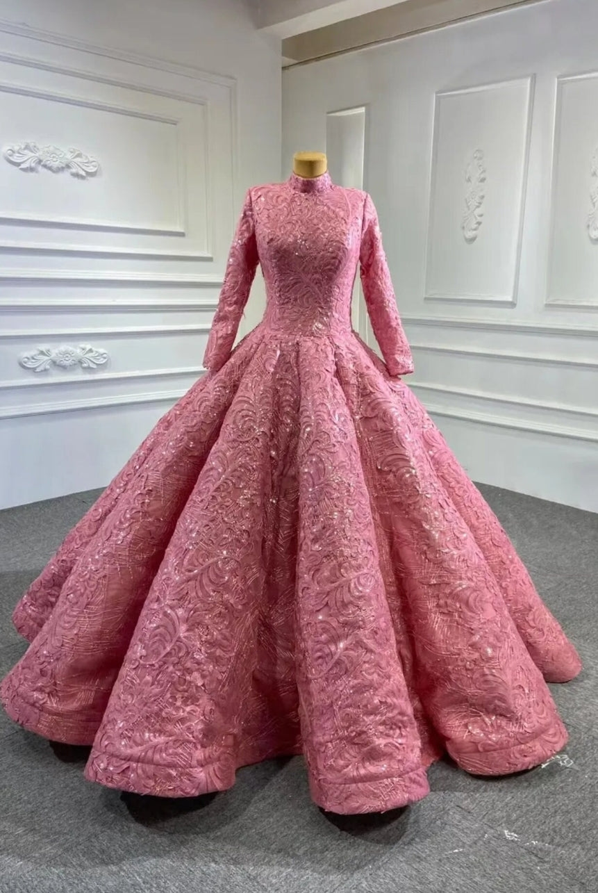 Long Sleeve High Neck Floral Lace Sequinned Gala Quinceañera Special Occasion Ball Gown