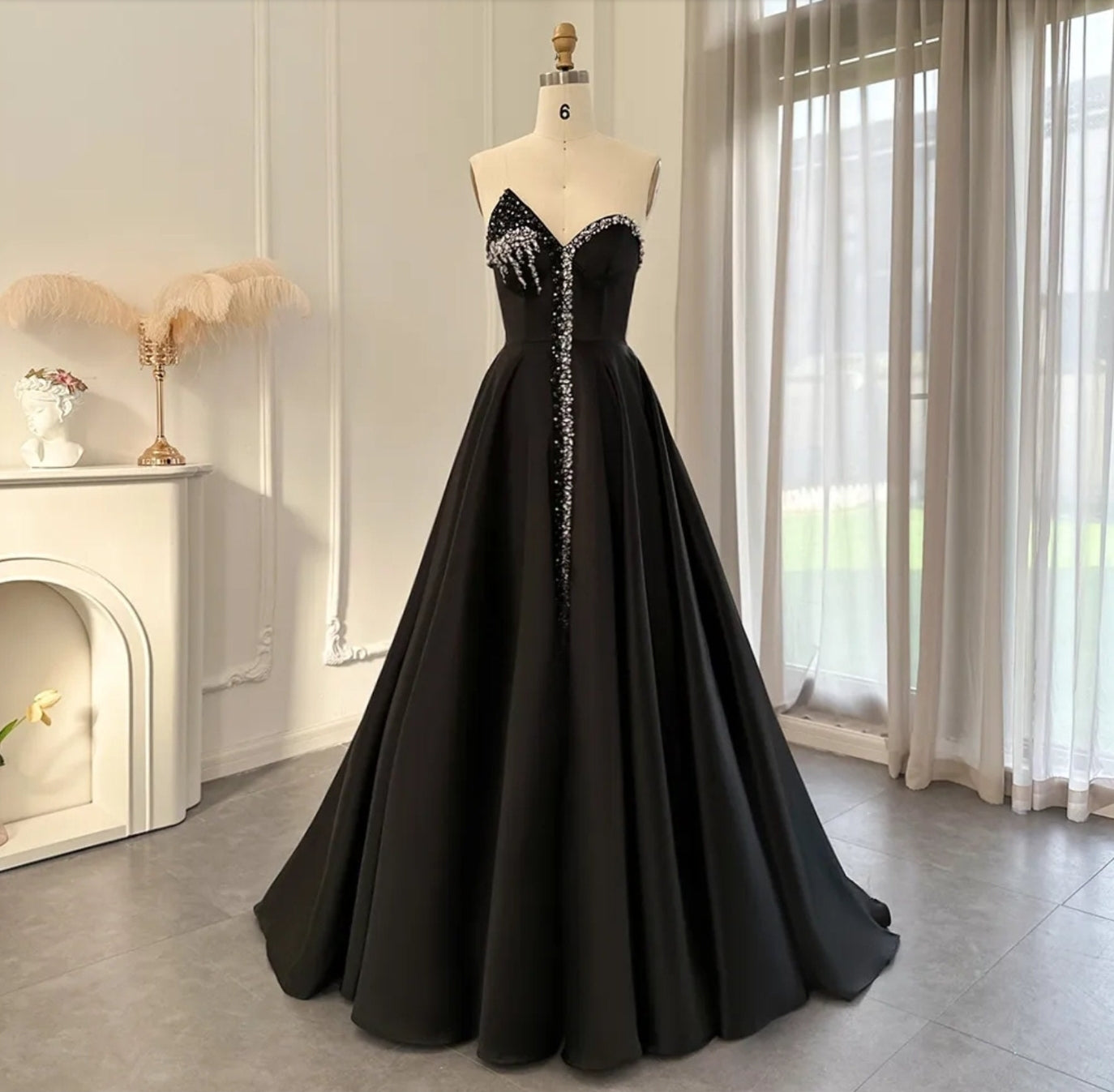 Sleeveless Black Crystal Beaded Embellished Trimmed Irregular V Neck High Split Hem Special Occasion Evening Gown