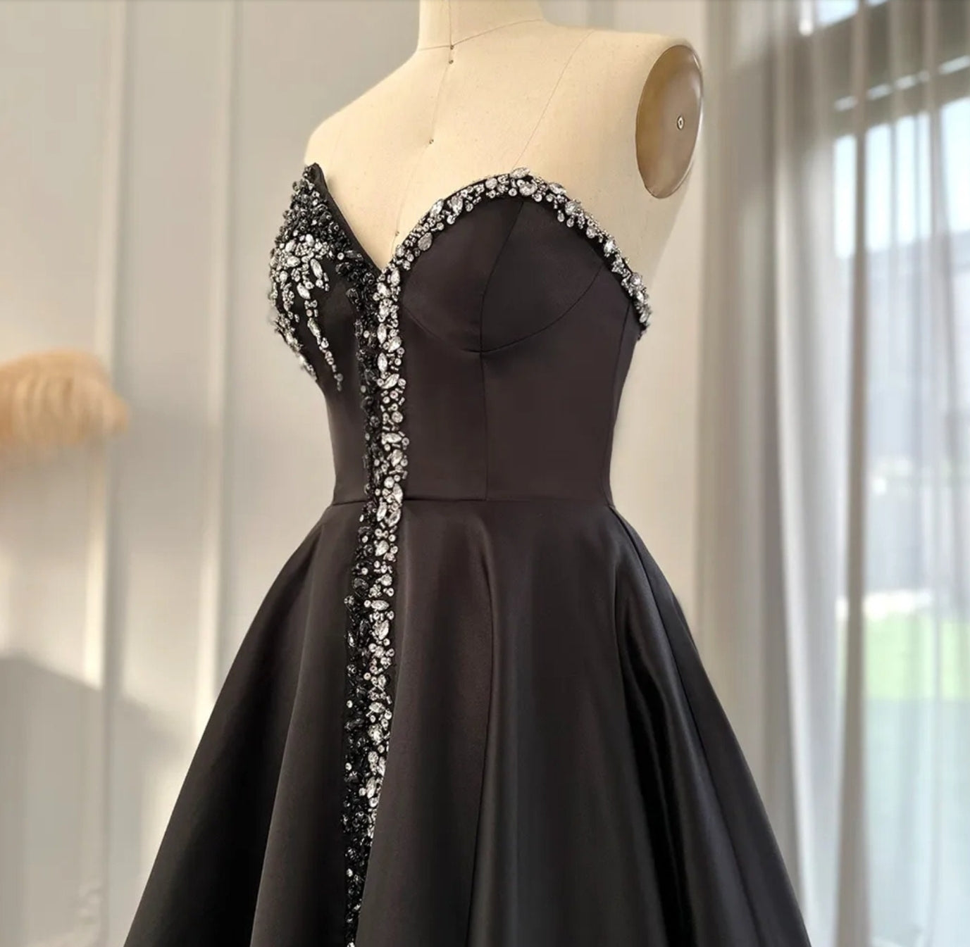 Sleeveless Black Crystal Beaded Embellished Trimmed Irregular V Neck High Split Hem Special Occasion Evening Gown