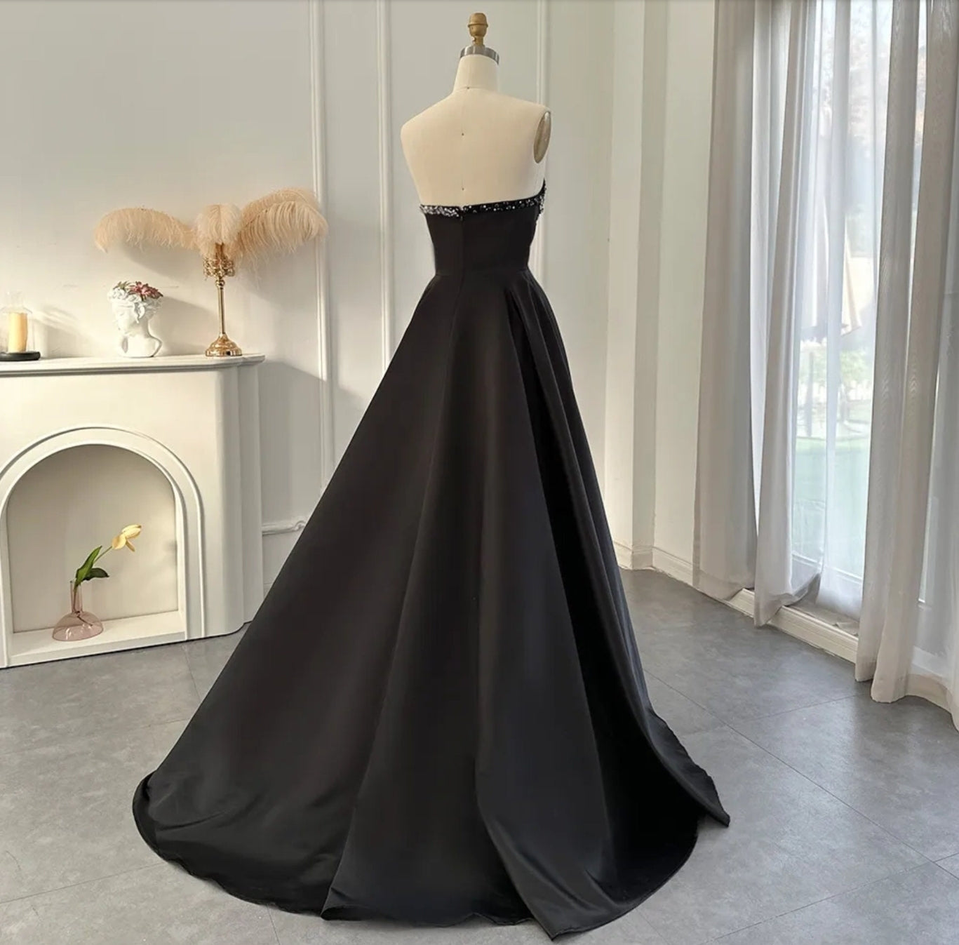 Sleeveless Black Crystal Beaded Embellished Trimmed Irregular V Neck High Split Hem Special Occasion Evening Gown