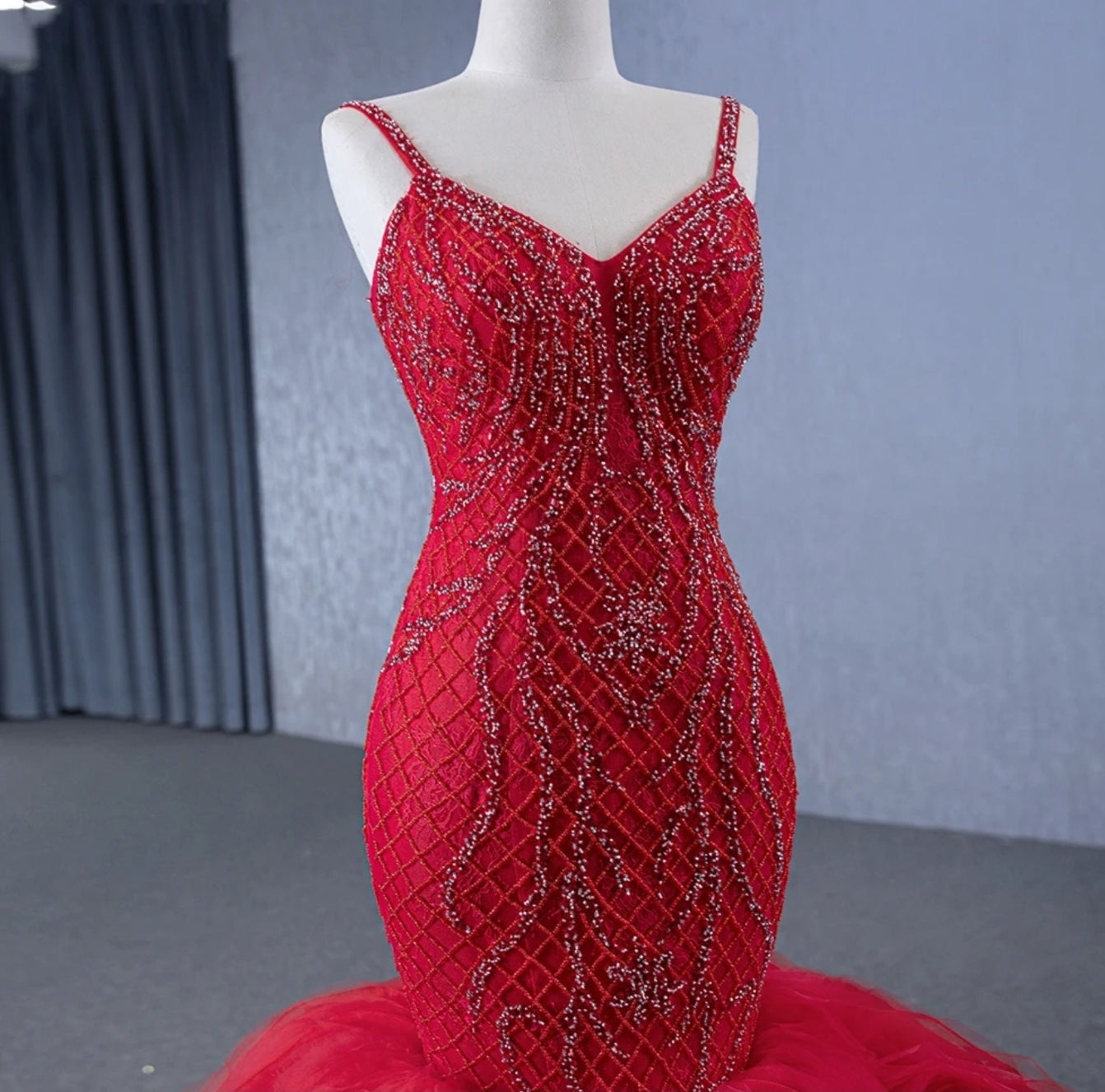 Sleeveless Spaghetti Strap Lace Multi Criss Cross Beaded Sequin Fit To Flare Red Mermaid Gown With Layered Hem