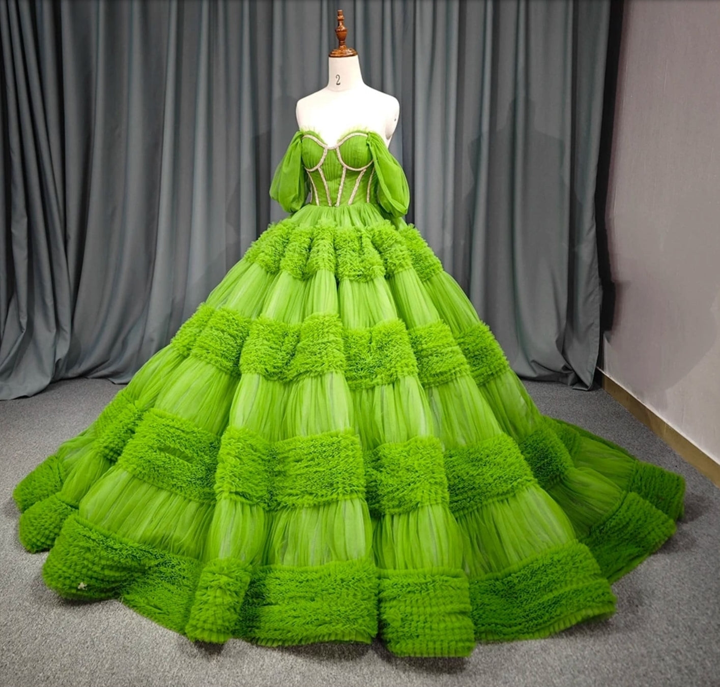 Sweetheart Green Trim Beaded Pleated Layered Ruffle Frill Quinceañera, Bat Mitzvah, Special Occasion, Pageant, Sweet 16 Event Gala Gown