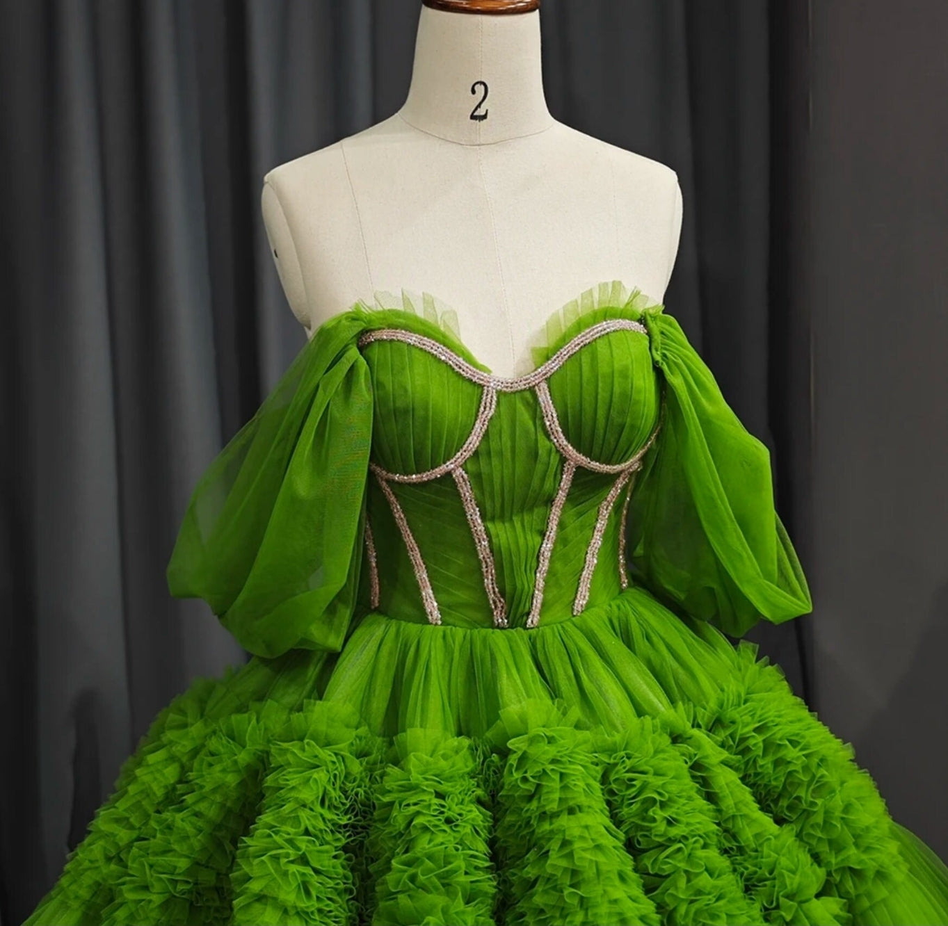 Sweetheart Green Trim Beaded Pleated Layered Ruffle Frill Quinceañera, Bat Mitzvah, Special Occasion, Pageant, Sweet 16 Event Gala Gown