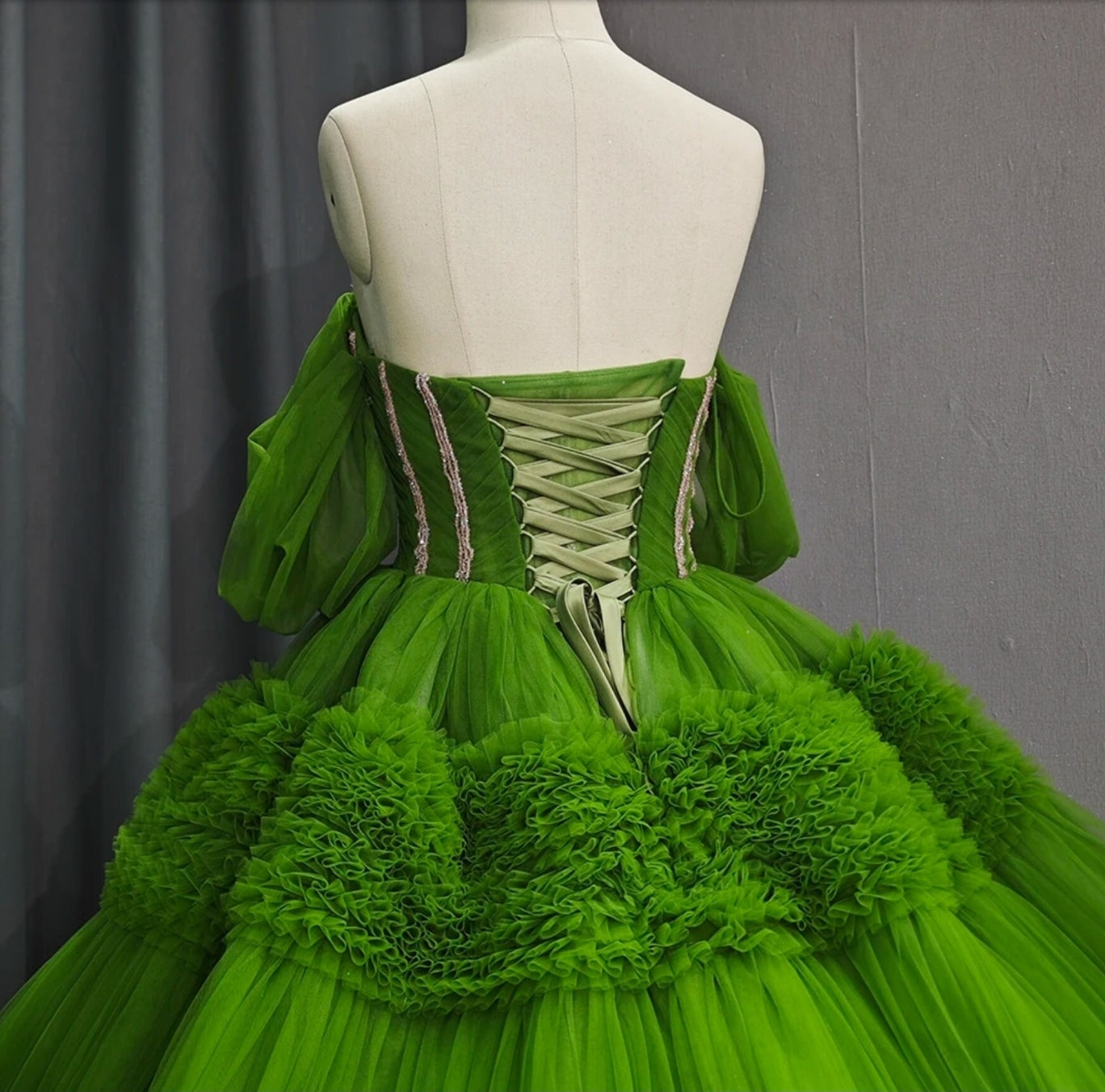 Sweetheart Green Trim Beaded Pleated Layered Ruffle Frill Quinceañera, Bat Mitzvah, Special Occasion, Pageant, Sweet 16 Event Gala Gown