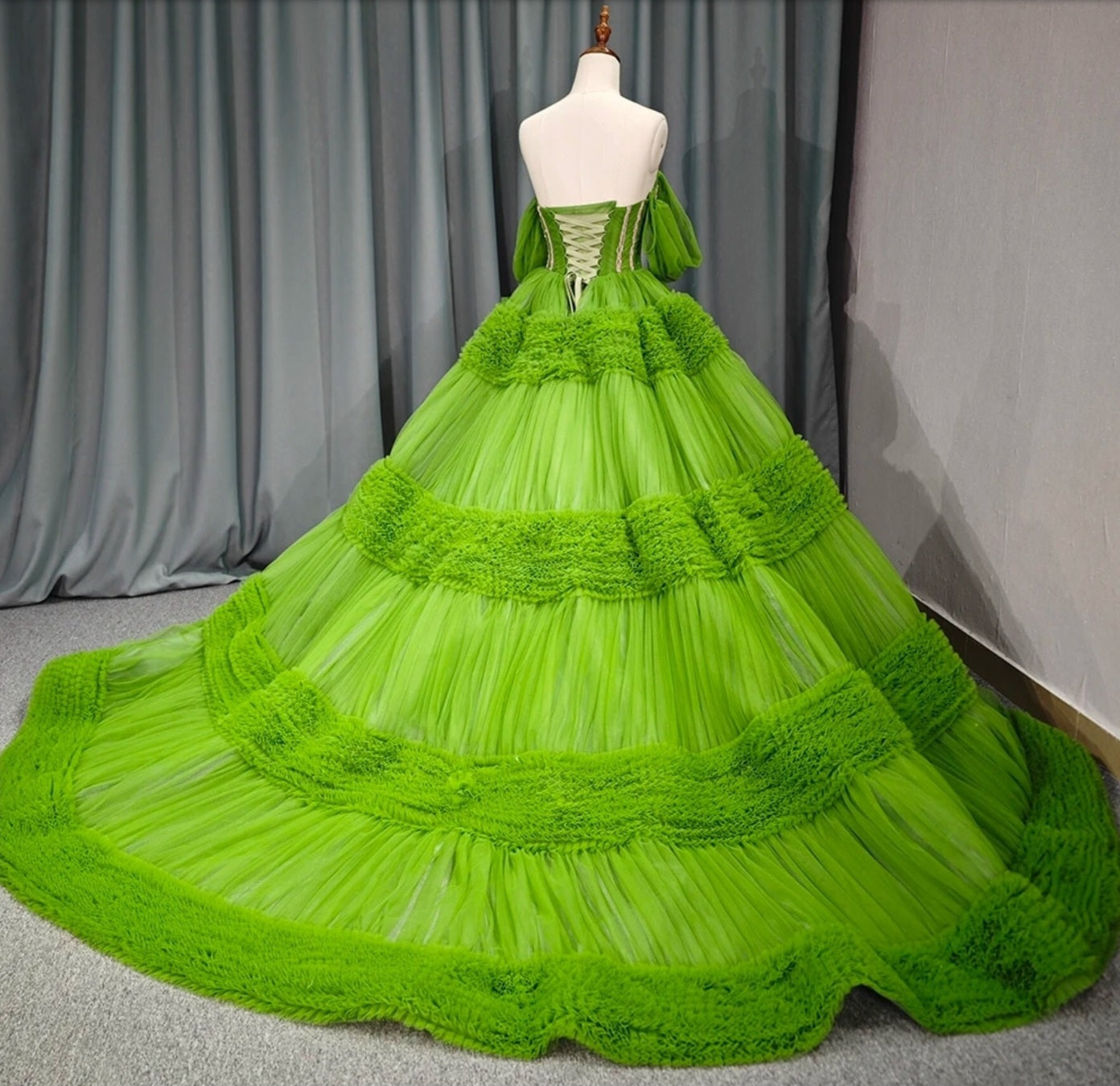 Sweetheart Green Trim Beaded Pleated Layered Ruffle Frill Quinceañera, Bat Mitzvah, Special Occasion, Pageant, Sweet 16 Event Gala Gown