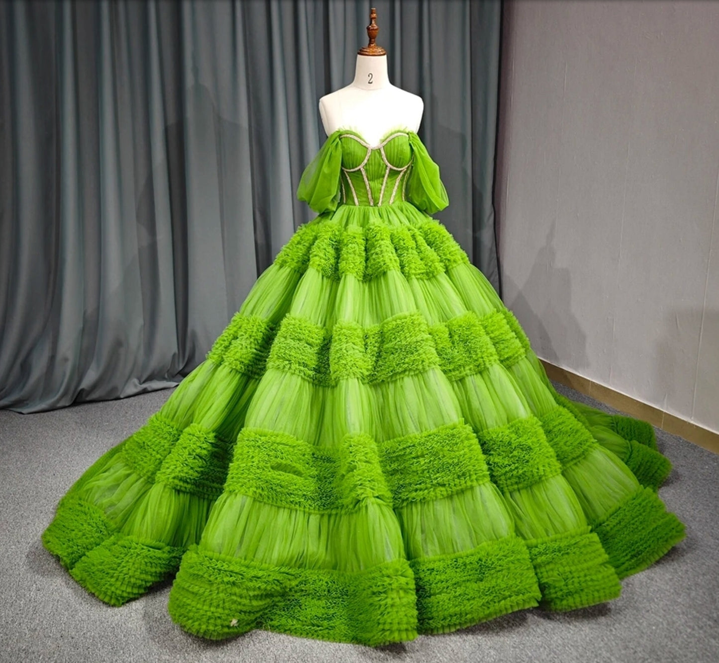 Sweetheart Green Trim Beaded Pleated Layered Ruffle Frill Quinceañera, Bat Mitzvah, Special Occasion, Pageant, Sweet 16 Event Gala Gown