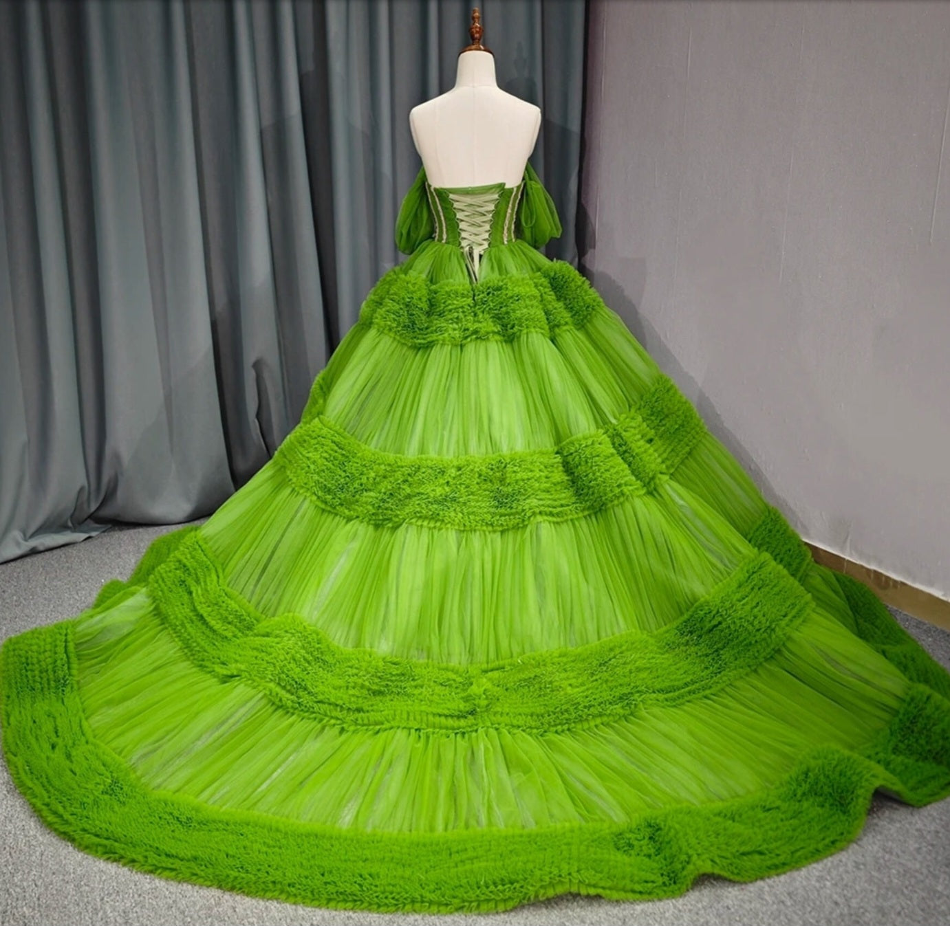 Sweetheart Green Trim Beaded Pleated Layered Ruffle Frill Quinceañera, Bat Mitzvah, Special Occasion, Pageant, Sweet 16 Event Gala Gown