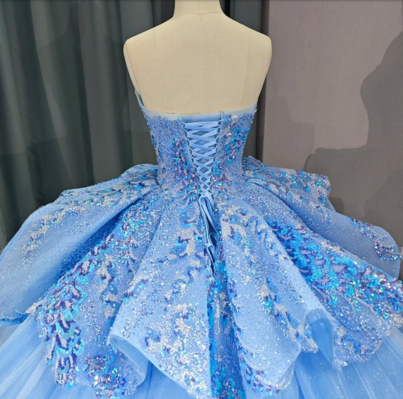 Shimmering Blue Sequin Strapless Boat Neck Layered At The Waistline Quinceañera Special Occasion Bat Mitzvah Sweet Sixteen Pageant Gown