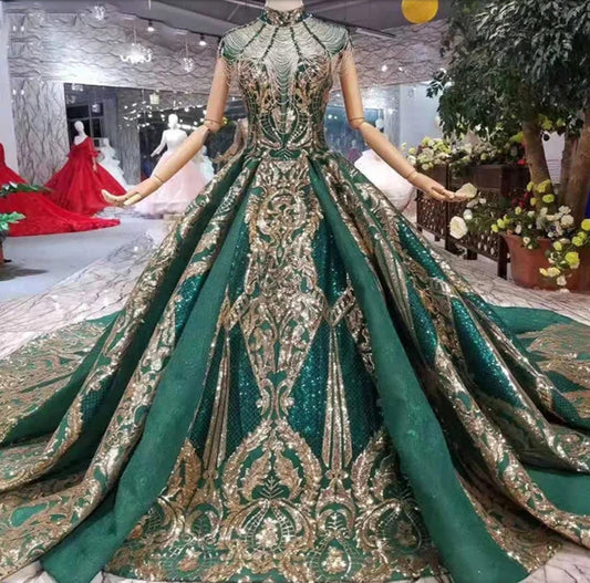 Green High Draped Beaded Neck Cap Sleeve Gold Sequinned Appliqué Dubai Muslim Inspired Bridal, Special Occasion Event Gala Ball Gown