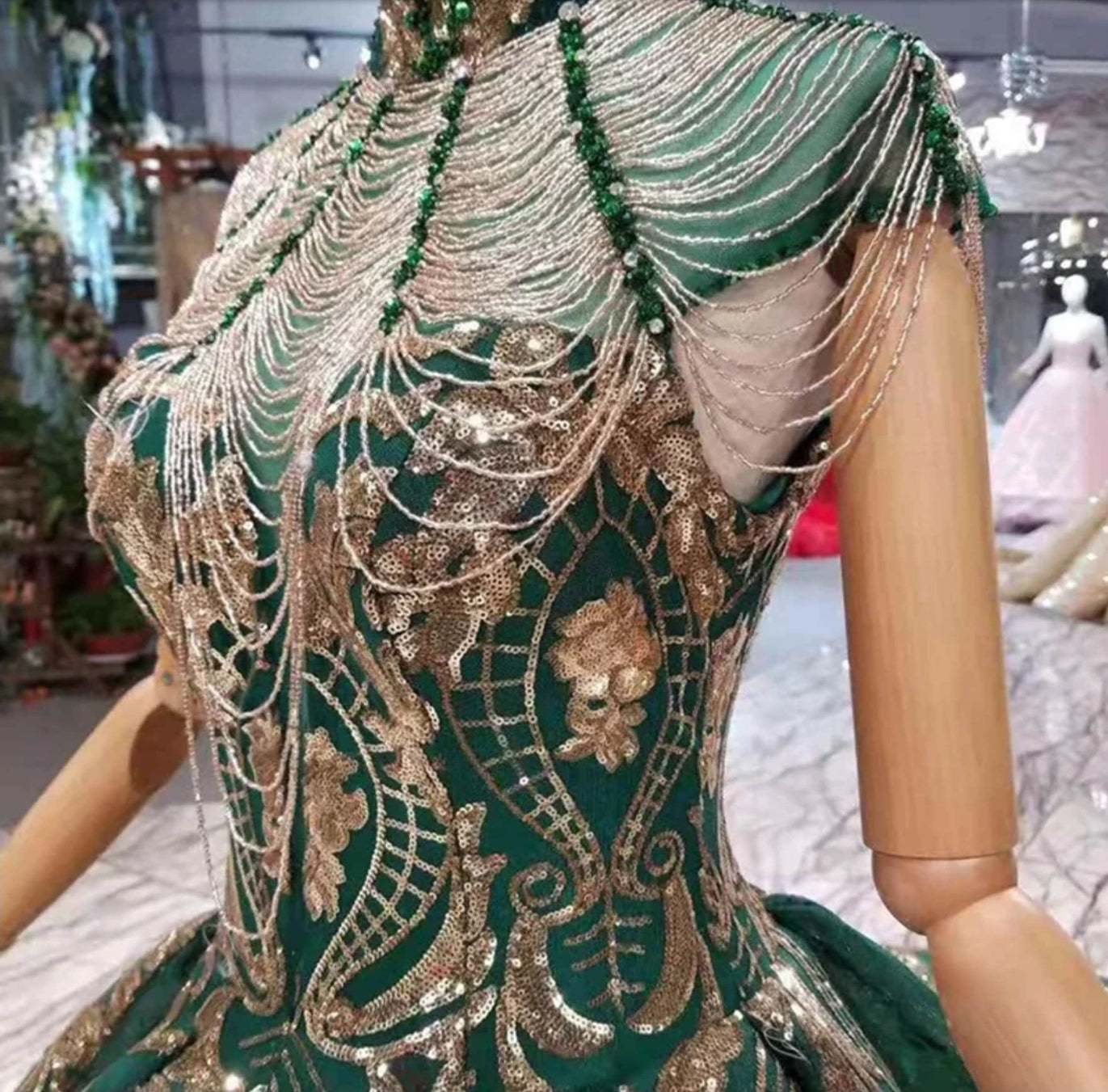 Green High Draped Beaded Neck Cap Sleeve Gold Sequinned Appliqué Dubai Muslim Inspired Bridal, Special Occasion Event Gala Ball Gown