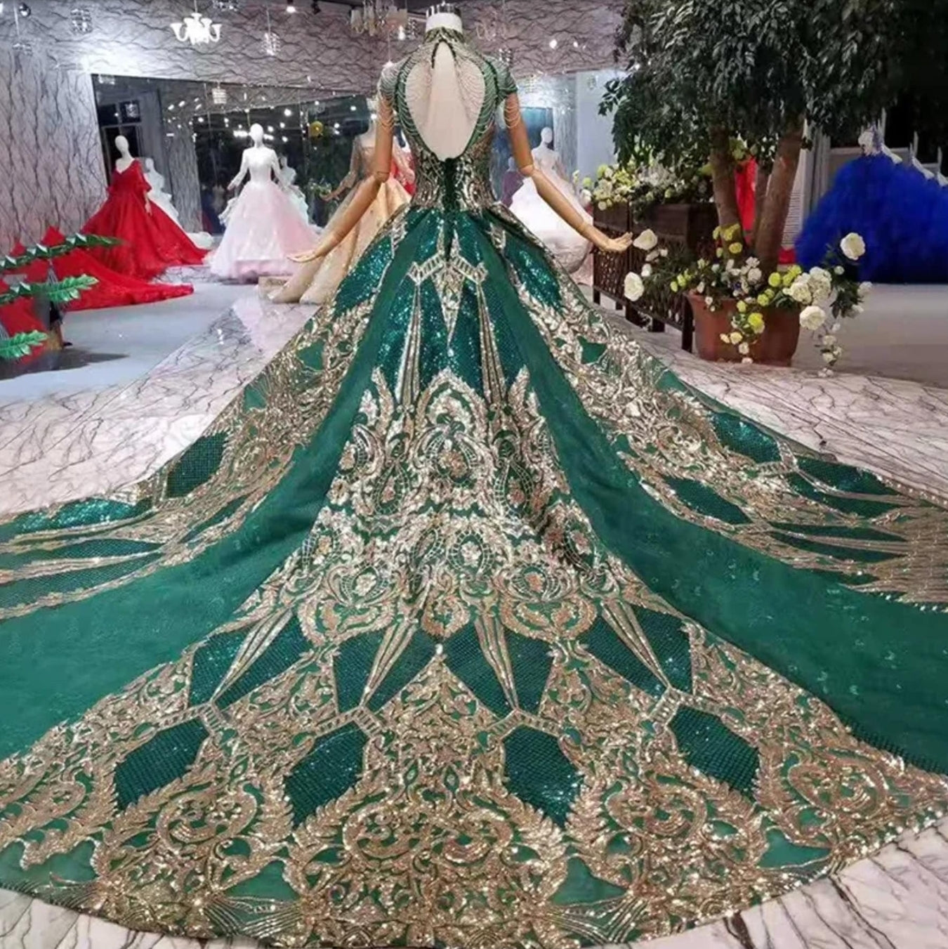 Green High Draped Beaded Neck Cap Sleeve Gold Sequinned Appliqué Dubai Muslim Inspired Bridal, Special Occasion Event Gala Ball Gown