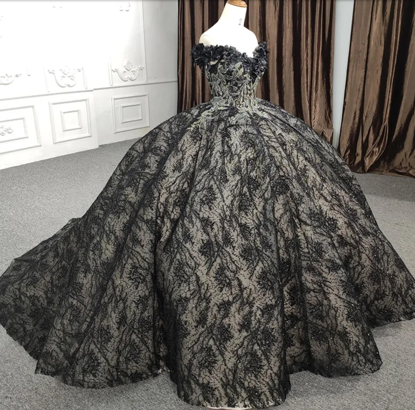 Beautiful Floral Appliqué Multi Beaded Black Lace Off The Shoulder Sweetheart Quinceañera Special Occasion Gala Sweet Sixteen Gown