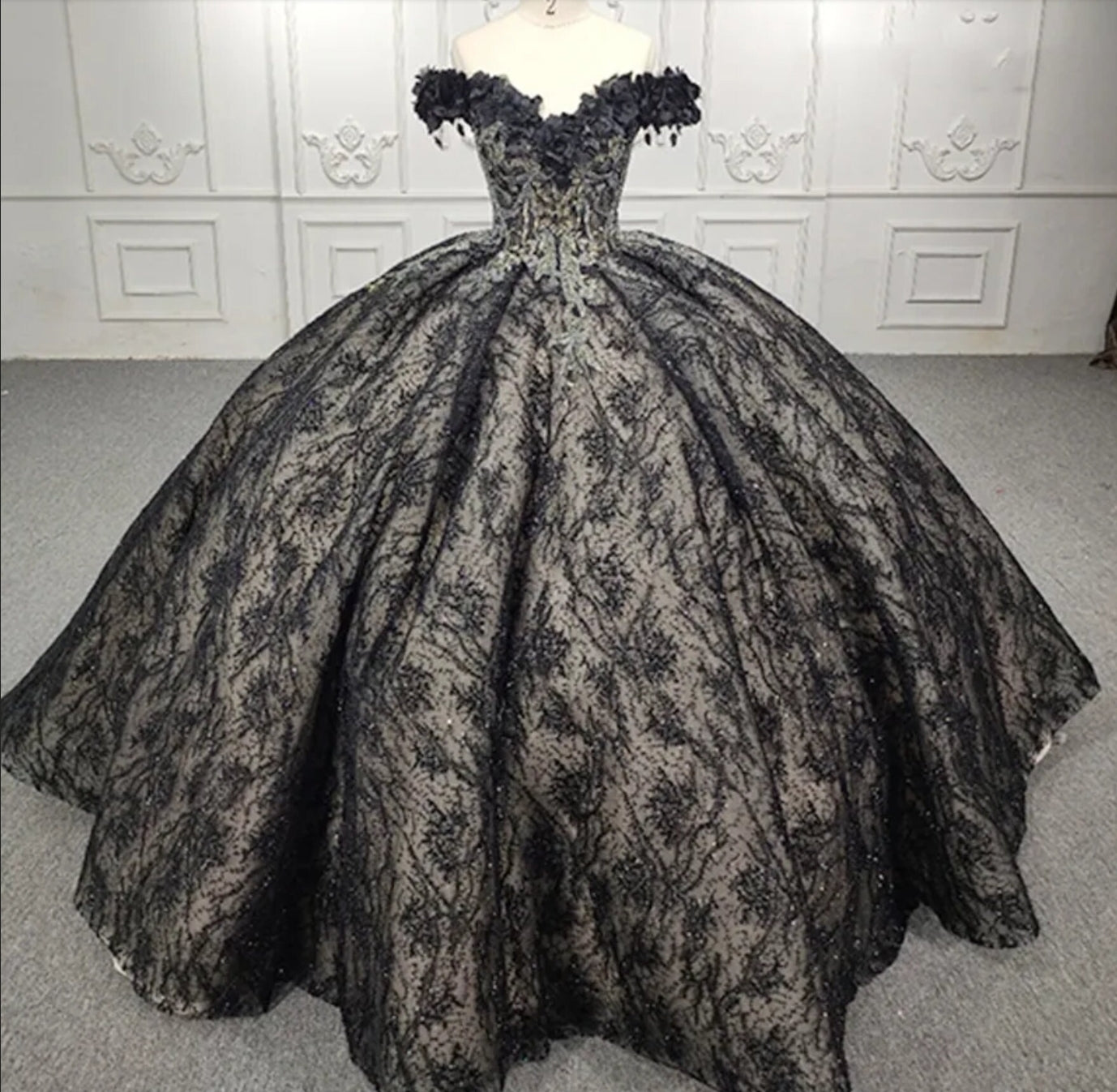 Beautiful Floral Appliqué Multi Beaded Black Lace Off The Shoulder Sweetheart Quinceañera Special Occasion Gala Sweet Sixteen Gown