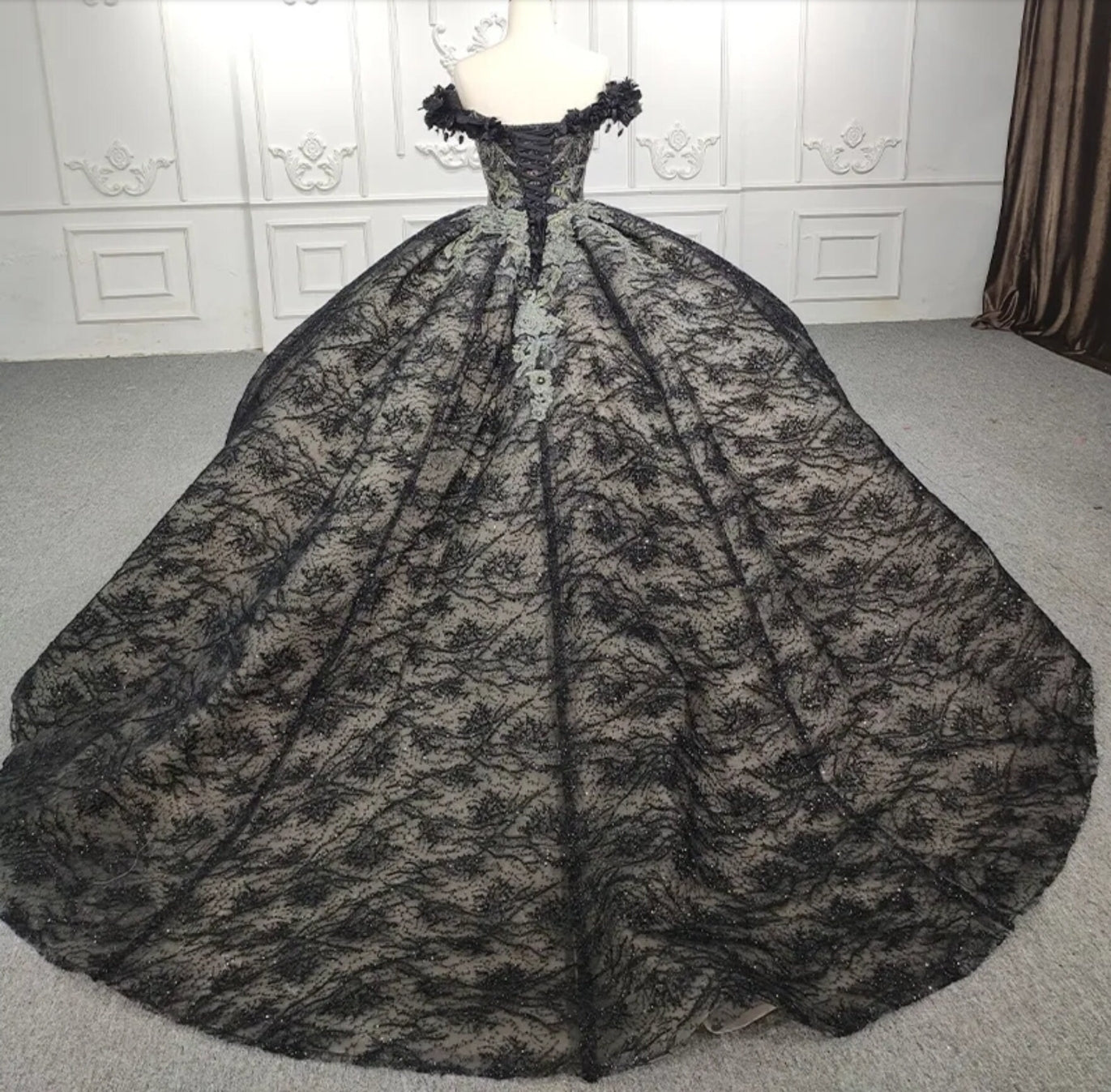 Beautiful Floral Appliqué Multi Beaded Black Lace Off The Shoulder Sweetheart Quinceañera Special Occasion Gala Sweet Sixteen Gown