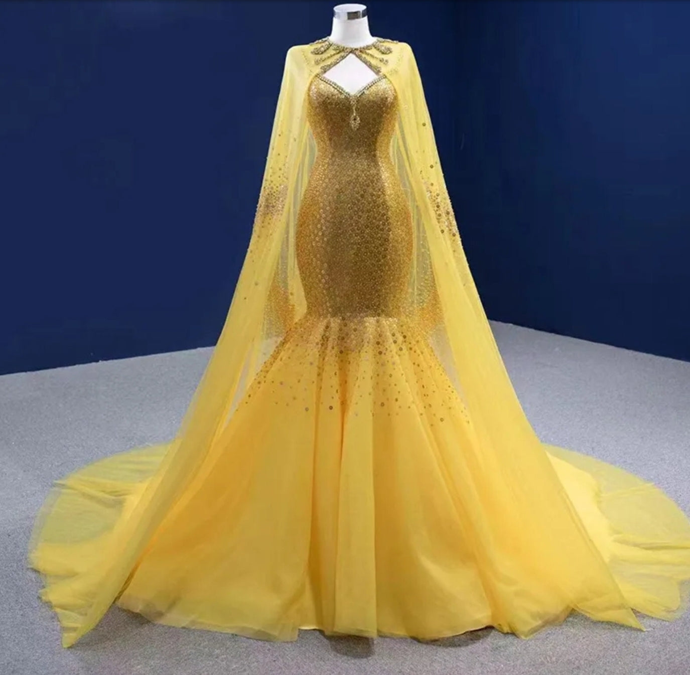 Gorgeous Yellow Multi Beaded Crystal Sequin Spaghetti Strap Fit To Flare Special Occasion Gown With Matching Cape