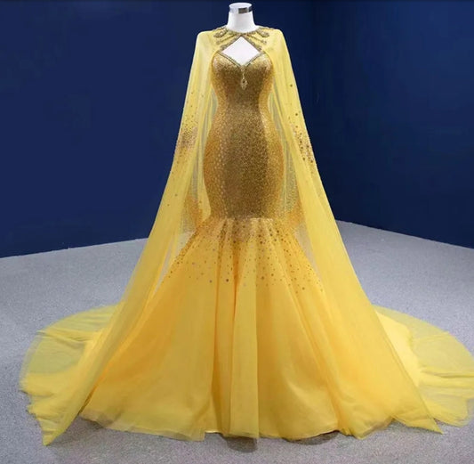 Gorgeous Yellow Multi Beaded Crystal Sequin Spaghetti Strap Fit To Flare Special Occasion Gown With Matching Cape