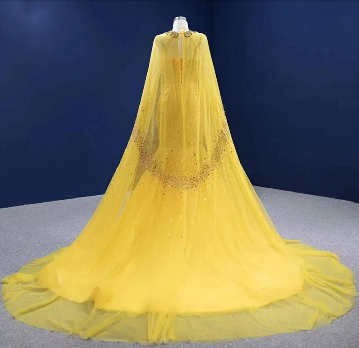 Gorgeous Yellow Multi Beaded Crystal Sequin Spaghetti Strap Fit To Flare Special Occasion Gown With Matching Cape