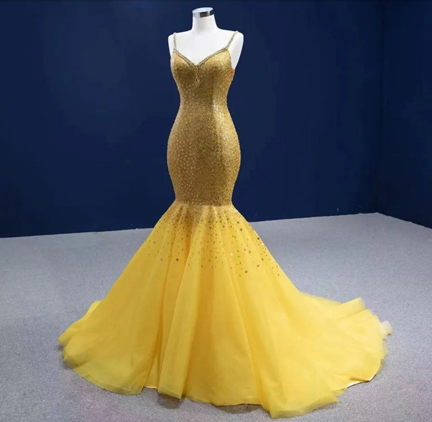 Gorgeous Yellow Multi Beaded Crystal Sequin Spaghetti Strap Fit To Flare Special Occasion Gown With Matching Cape