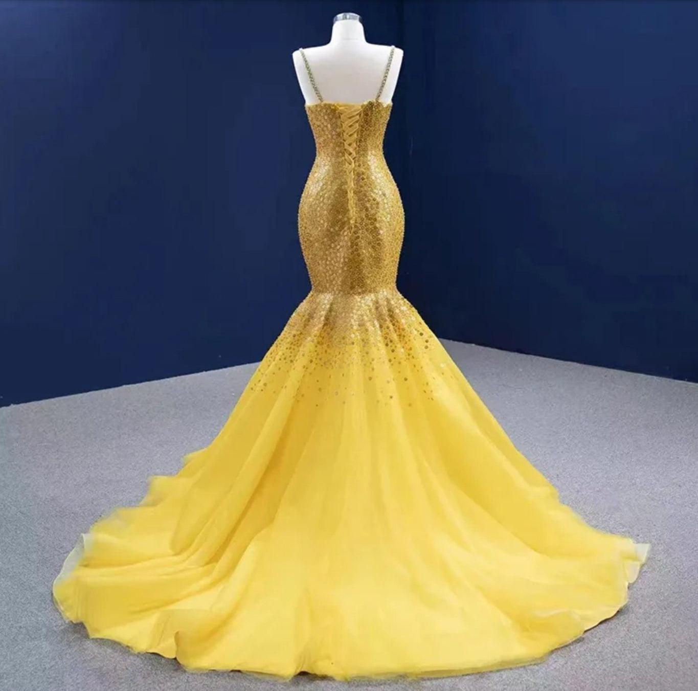 Gorgeous Yellow Multi Beaded Crystal Sequin Spaghetti Strap Fit To Flare Special Occasion Gown With Matching Cape