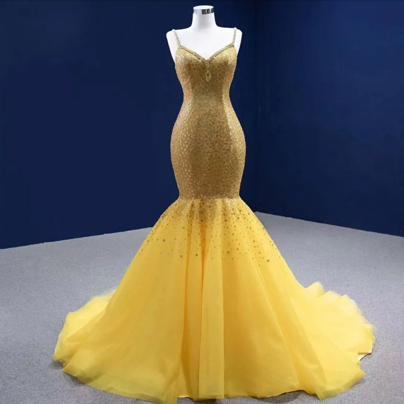 Gorgeous Yellow Multi Beaded Crystal Sequin Spaghetti Strap Fit To Flare Special Occasion Gown With Matching Cape