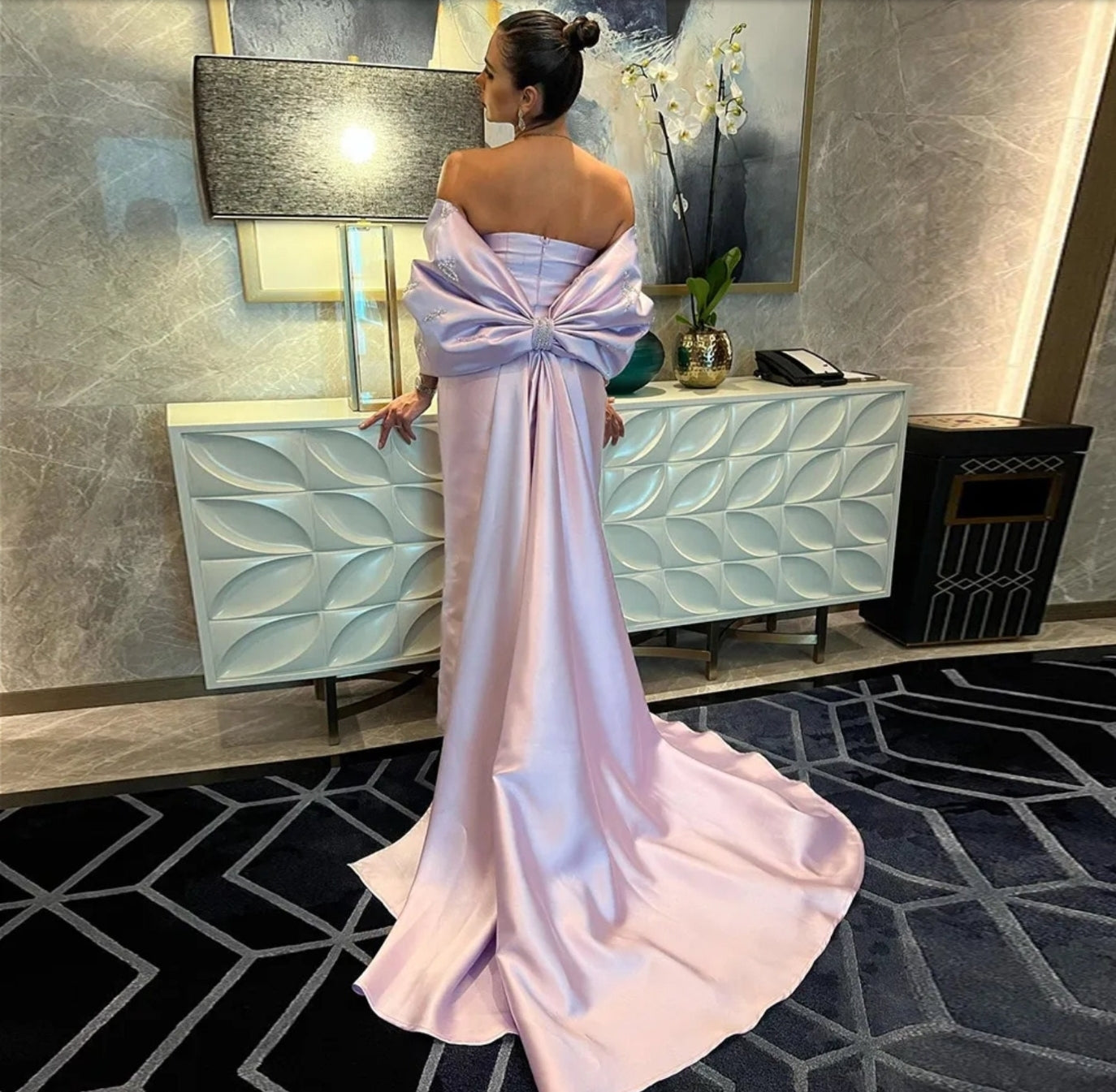 Satin Pleated Folded Sequinned Boat Neck Sheath Evening Special Occasion Mother Of The Bride Gown With Oversized Embellished Bow Knot Train