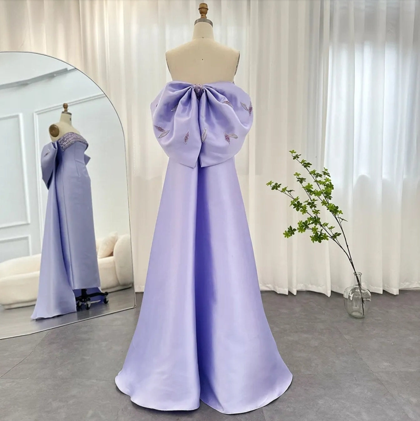 Satin Pleated Folded Sequinned Boat Neck Sheath Evening Special Occasion Mother Of The Bride Gown With Oversized Embellished Bow Knot Train