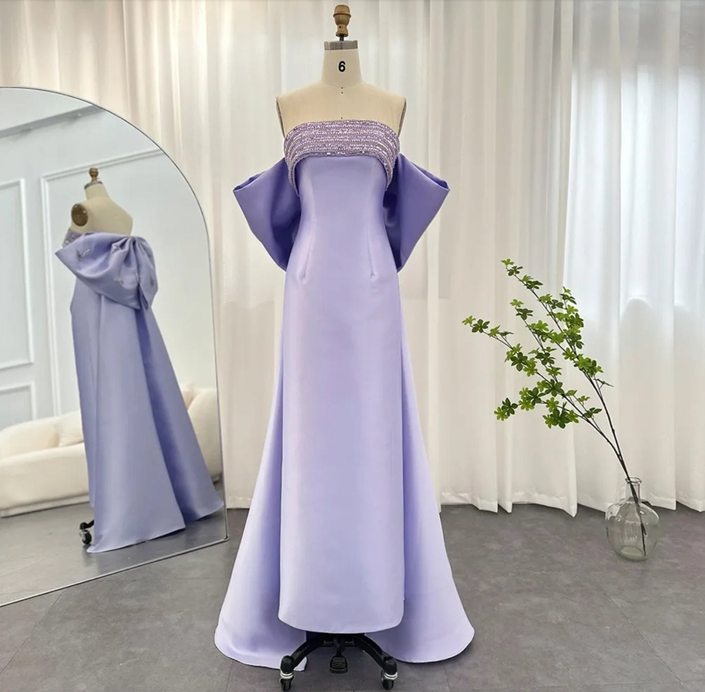 Satin Pleated Folded Sequinned Boat Neck Sheath Evening Special Occasion Mother Of The Bride Gown With Oversized Embellished Bow Knot Train