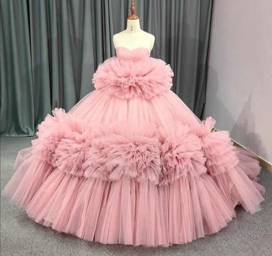 Pleated Pink Frill Pom Pom Strapless Sweetheart Quinceañera, Special Occasion, Bat Mitzvah, Pageant, Sweet 16, Event Gala Gown